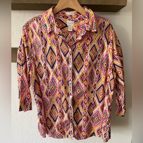 Chico’s| Boho Linen Long Sleeve Blouse, No-Iron Fabric—Size 2•••Lagenlook - Picture 2 of 16